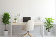 © Shineoxstock - A bright space with a white minimalist desk, a workplace view illustration generative ai