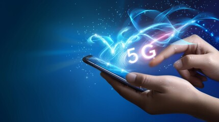 Wall Mural - Interactive holographic 5g text icon shining over mobile phone with copy space for text placement