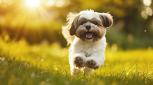 Cute And Happy Shih Tzu Dog Running On A Green Field On A Sunny Day