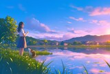 An Animated Background Featuring Girl And Cat By River At Sunset