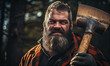 Portrait of viking style lumberjack with beard holding some axe in the amazing forest