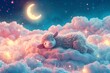 3D rendering of a cute little sheep sleeping on a cloud in the night sky. AI.