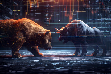 Wall Mural - Bear and bull going head to head with trading charts behind them, in the style of stock market, wild and daring. Neural network generated image. Not based on any actual person or scene.