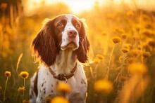 English Springer Spaniel Dog Sitting In Meadow Field Surrounded By Vibrant Wildflowers And Grass On Sunny Day Ai Generated