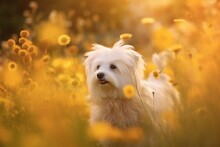 Coton De Tulear Dog Sitting In Meadow Field Surrounded By Vibrant Wildflowers And Grass On Sunny Day Ai Generated