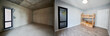© anatoliy_gleb - Comparison of children room with wooden bunk bed before and after restoration. Photo collage of old apartment with door and new renovated flat with parquet floor and kid house bed.