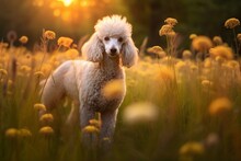 Poodle Dog Standing In Meadow Field Surrounded By Vibrant Wildflowers And Grass On Sunny Day Ai Generated