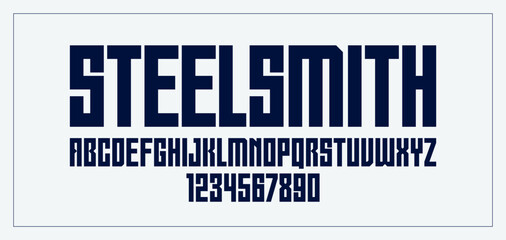 Aufkleber - Bold and massive heavy geometric font for logo creation, modern geometrical vector display typeface, typography with no round elements, only corners and straight lines geometry.