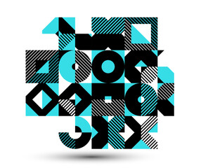 Poster - Abstract geometric stripy vector background isolated, linear shapes of circles and triangles pattern composition, creative art abstraction.