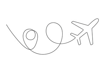 Poster - airplane path in one continuous line drawing of world travel and international flight concept vector