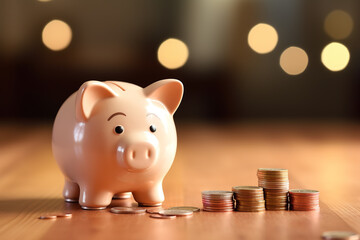 Close up of Piggybank and coins on the table.