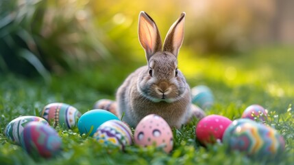 Canvas Print - Cute rabbit bunny sitting on the meadow next to colorful easter eggs