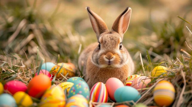 Cute rabbit bunny sitting on the meadow next to colorful easter eggs