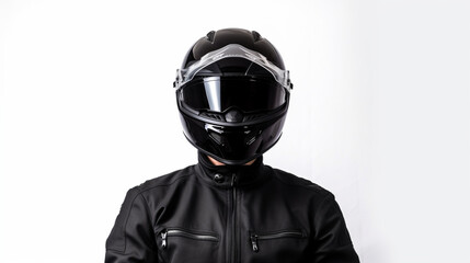 Wall Mural - biker person male black helmet black jacket portrait white background ai visual concept