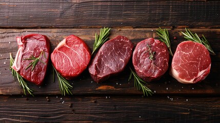 Fototapeta variety of raw black angus meat steaks on wooden board. top view with copy space