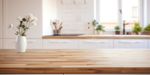 Wall Mural - Blurred white kitchen with wooden oak countertop, ready for product or layout display.