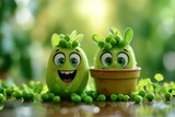 Fototapeta  - Two Cute Peas in a Pot, Green Energy Ambassadors, Uniting to Save the Planet, One Giggle at a Time! Vibrant, Off-Center Charm in Cartoon Style
