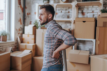 Worker Suffering Back Pain While Lifting Heavy Boxes On Moving Home Day. Relocation Work