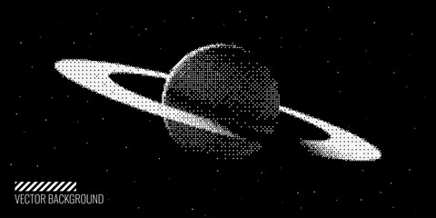 Poster - Pixel Art Stylized Saturn Planet with Rings. Black Space Background. Universe and Space Travel Concept. Minimal Pixel Art Style Vector Space Illustration.
