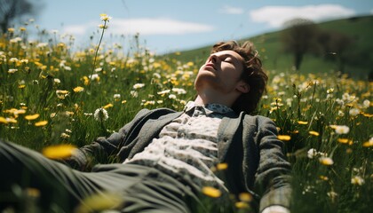 Wall Mural - Man on the grass field during spring time with sun shining. Young man laying on a field full of flowers with his eyes closed soaking up the sun. Person sleeping in a flower field