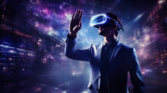 Metaverse Technology concept. Businessman use VR virtual reality goggle and experiences of metaverse virtual world for business future. Visualization, Virtual augmented reality on social network