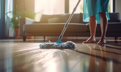 Close up photo of young woman cleaning floor with a wet mop