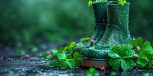 Green Wellington Boots On A Wet Farm, Surrounded By Clover Leaves, Celebrating Rural Spring.