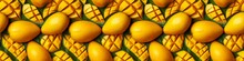 Creative Food Summer Mangos Fruits Background Banner Panorama Wide, Long, Seamless Pattern Texture - Top View Of Many Fresh Ripe Mango And Tropical Leaves