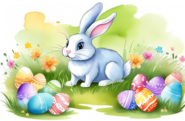 Postcard, clipart, hare in green grass with colorful eggs on a white background, illustration