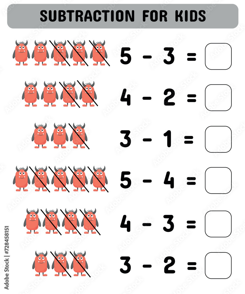 Subtraction with cute monsters mathematical examples printable sheet