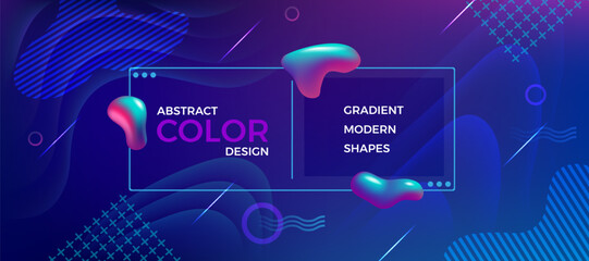 Poster - Abstract blue background. Gradient modern shapes. 3D geometric liquid graphic. Digital poster. Memphis banner. Line minimal forms. Fluid blobs. Presentation frame. Vector design layout
