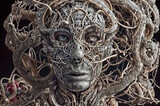 Fototapeta Tulipany - a complex sculpture of a face surrounded by various wires and gears. The sculpture has a white color and appears to be made of paper or clay. The background is black.