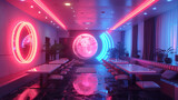 Fototapeta Konie - Enter a retro-futuristic dining room with space-age furniture, neon accents, and holographic tabletops, blending nostalgia with a visionary outlook. 