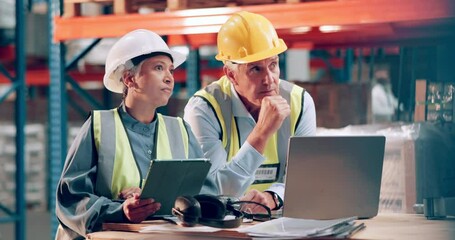 Aufkleber - Team, engineer and planning on laptop in warehouse for distribution, shipping or pointing. Conversation, mature people or factory supervisor with tablet for logistics, storage or inventory management