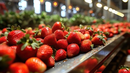 Wall Mural - Conveyor belt showcasing a continuous flow of ripe, succulent strawberries on a well-lit production line