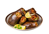 Fototapeta Koty - Traditional delicious Turkish foods; dried eggplant stuffed (Turkish name; Kuru patlican dolmasi)