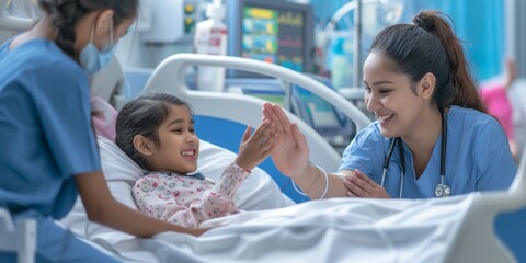 woman nurse or medical staff give a high five to little girl patient