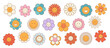 © Vector Tradition - Retro groovy daisy and sunflower flowers or cute happy characters, cartoon vector. Funny chamomile or daisy flower face emotions and emoticons, happy hippie camomile laughing with colorful petals