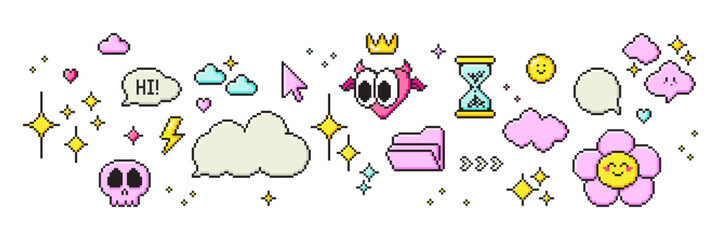Fototapete - Set of pixel art speech bubbles, stars, heart and cloud shapes. Retro game style dialogue box and elements. Modern vector illustration.