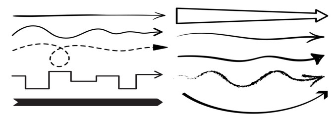 Poster - Straight long arrows isolated vector set. Monochrome pointing signs, curve, wavy, dotted and grungy pointers or cursors, creating a dynamic visual impact for direction and movement