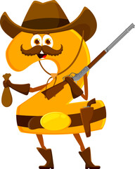 Poster - Cartoon cowboy, sheriff, and robber math number two character sporting hat and armed with a rifle, cleverly balances a money purse. Isolated vector 2 wild west personage, embodying numerical precision