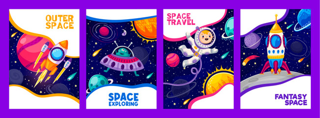 Poster - Cartoon space travel posters of cute astronaut and alien vector characters, galaxy planets and spaceships. Funny space travelers personages, rocket, UFO and starship, comets and stars in outer space