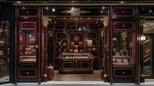 A Luxury Leather Goods Store With A Rich, Burgundy Facade And Elegant, Gold Trimmings 