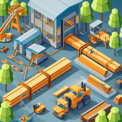 Wall Mural - Project teamwork at sawmills. isometric illustration