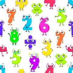 Poster - Cartoon funny math number characters seamless pattern. Fabric or wallpaper, wrapping paper vector print with mathematics numbers, kids education digits or school math numeric symbols cute personages