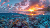 Fototapeta Do akwarium - Split view of a vibrant coral reef underwater and a breathtaking sunset sky above the ocean.