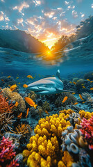 Wall Mural - Majestic Shark Swimming over Coral Reef at Sunset