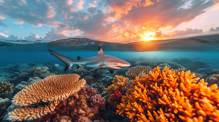 Wall Mural - Majestic Shark Swimming over Coral Reef at Sunset