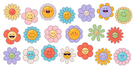 Retro groovy daisy sunflower cute happy flower characters. Vintage and funky flowers, cute chamomile happy smiling faces in sunglasses isolated vector cartoon personages set