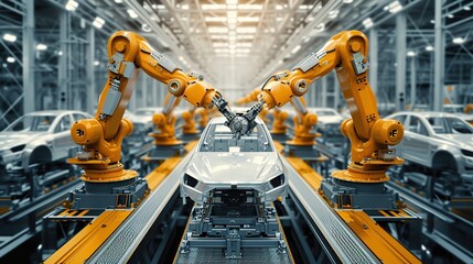 Poster - Robotic arms in a car plant. copy space for text.